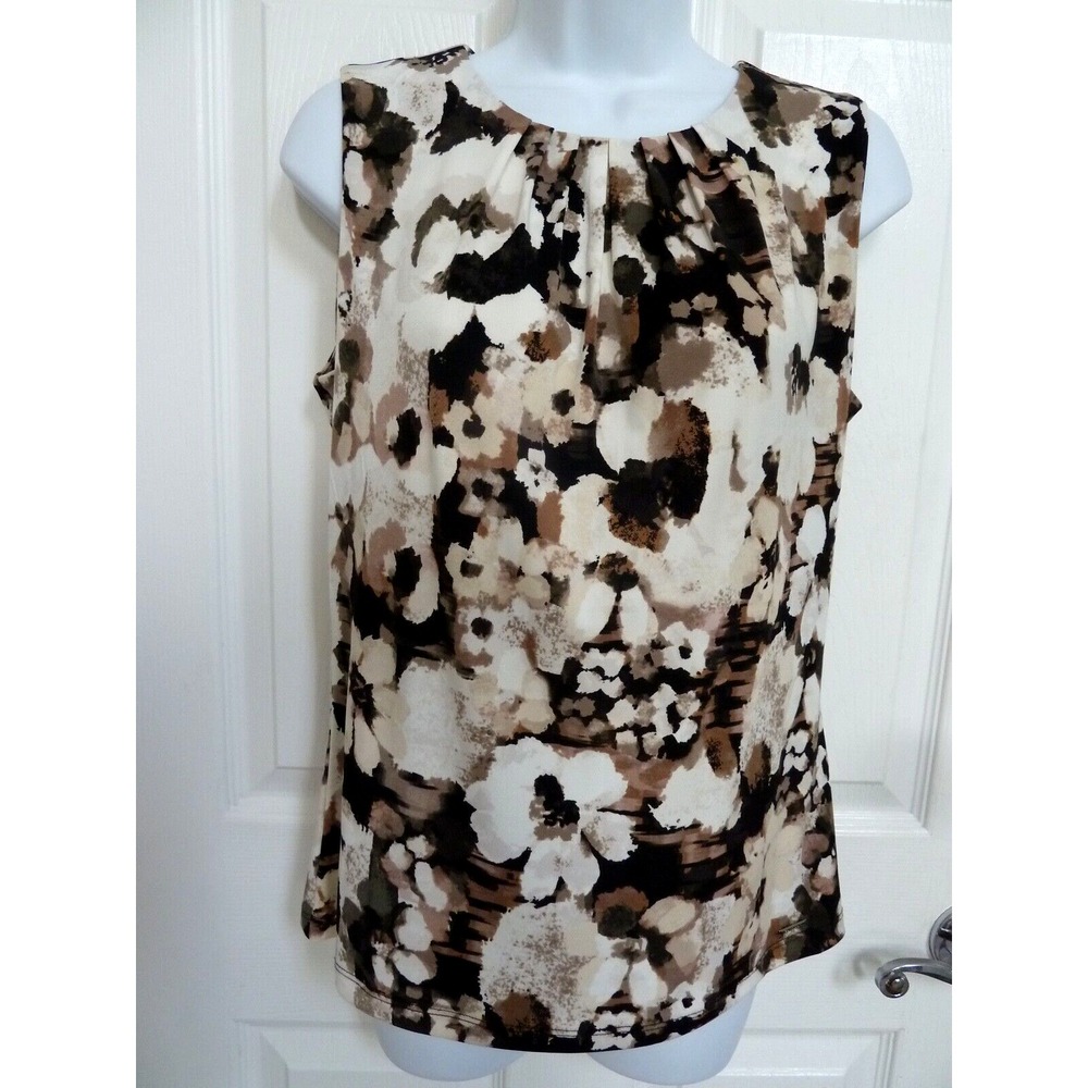 Calvin Klein Womens Medium Brown Black Floral Sleeveless Gathered Neck Blouse
